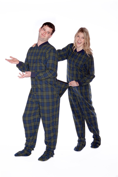 Navy Blue Green Tartan Plaid Flannel Adult Footed Pajamas Big